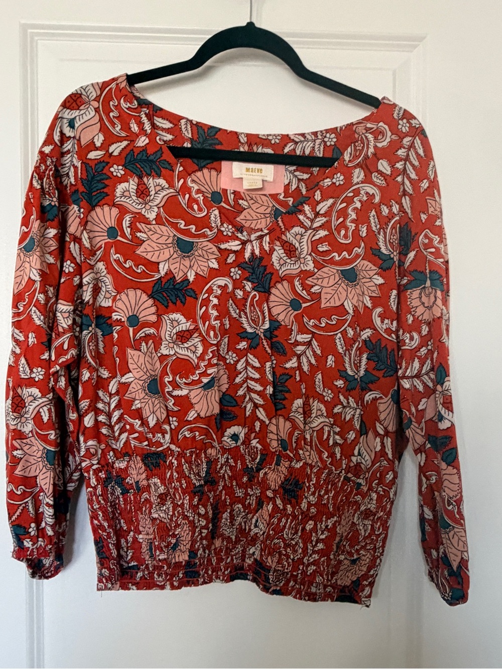Anthropologie, Floral Print V-Neck Peasant Top, Red, L - Picture 5 of 7